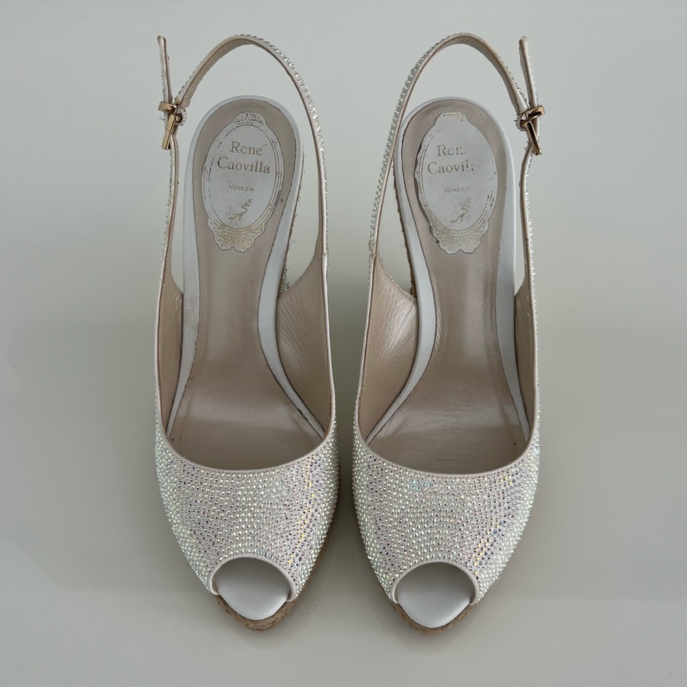 RENE CAOVILLA WHITE MULTI CRYSTAL WEDGE ESPADRILLE  SANDALS SIZE IT 38 / US 8